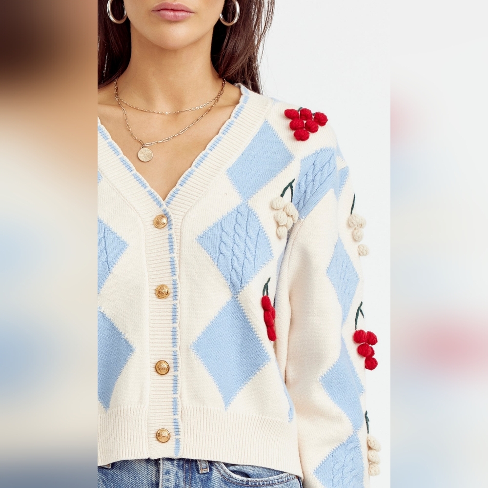 New Anthropologie Greylin Zena  Argyle Sweater with Cherry Accents L - Picture 2 of 5